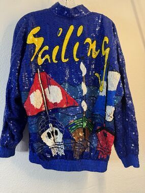 Modi Vintage Nautical Bomber Sailing Sequin Novelty Pirate Ships Jacket Beaded